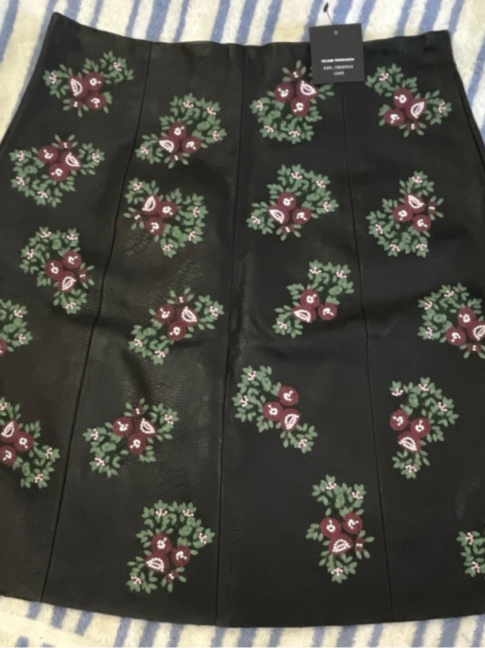 Club Monaco Black Mini Skirt with Burgundy and Green Floral Embroidery Clusters